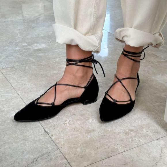 Stuart Weitzman Black Suede Lace Up Ballet Flats - Picture 2 of 8